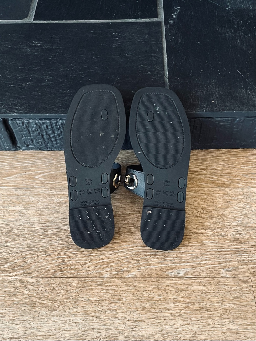 Larroude Black Sandal Thongs with Gold Buckle Detail - Picture 5 of 5